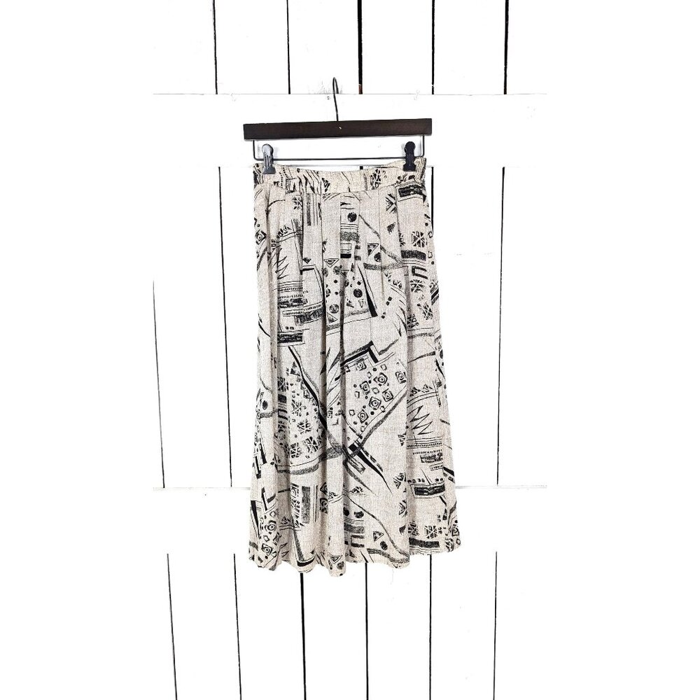 Vintage 80s tan black abstract pleated pocket midi skirt